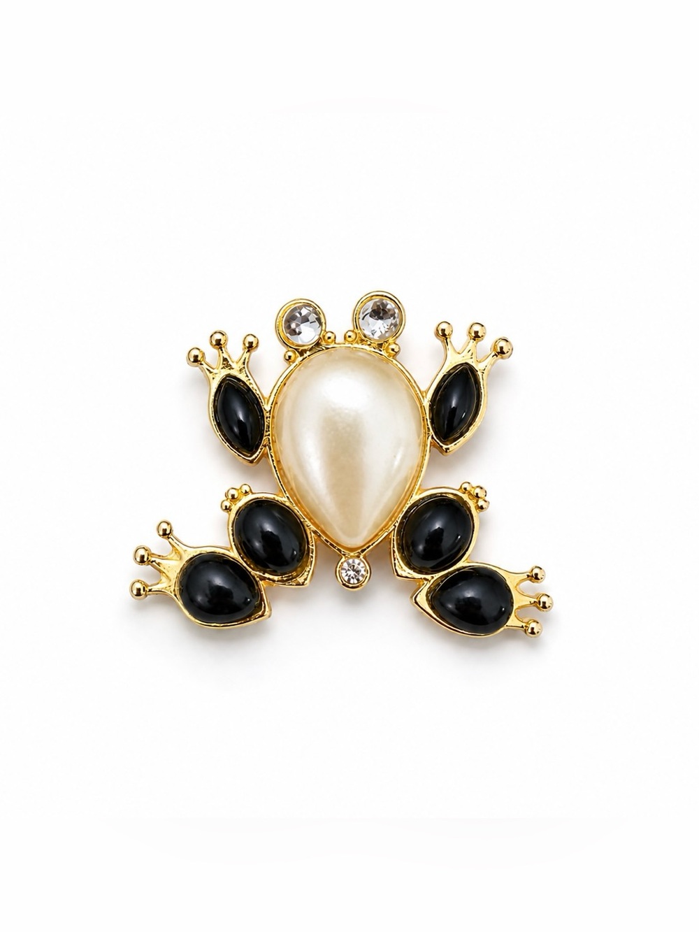 RARE VINTAGE GOLD FROG BROOCH PIN WITH FAUX PEARL AND BLACK CABOCHONS